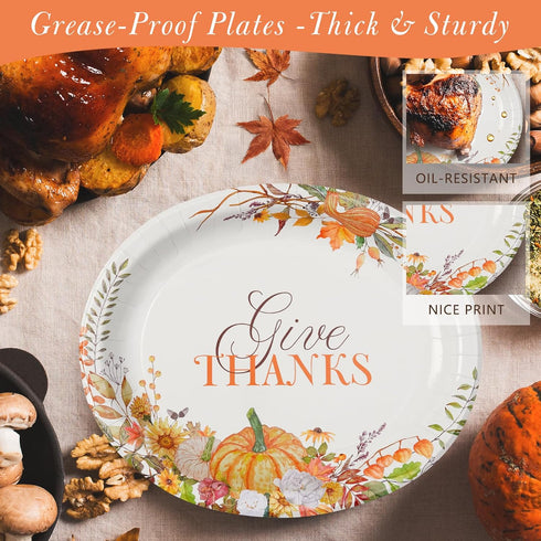 Tyzarglef 50Pcs Plates12.5"x10"Large Heavy Duty Thanksgiving Oval Paper Oval Disposable Dinner Platters, Pumpkin Autumn