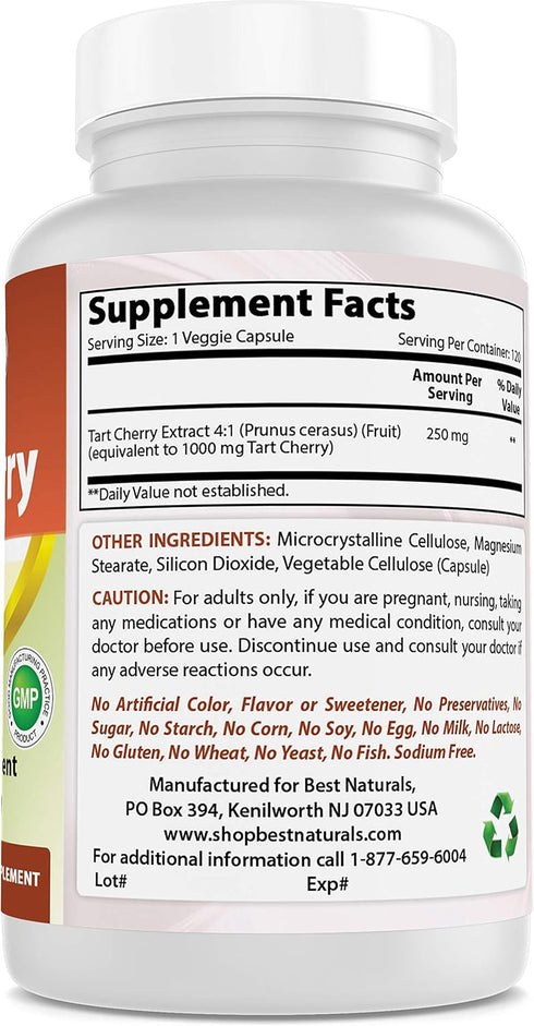 Best Naturals Tart Cherry Extract 1000 mg - 120 Count Veggie Capsules for Healthy Uric Acid & Joint Function