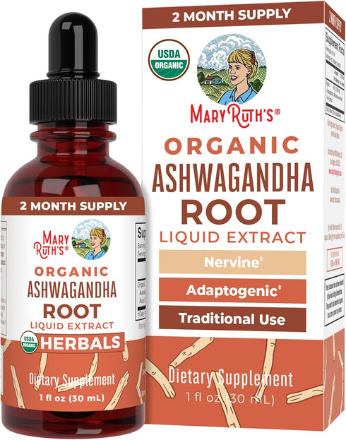MaryRuth Organics USDA Organic Ashwagandha Root Liquid Drops, Stress Relief, Natural Calm, 60 Servings