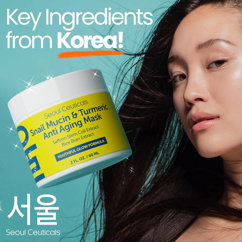 SeoulCeuticals Korean Face Mask - Snail Mucin Turmeric Mask for Anti Aging - Cruelty Free K Beauty for Healthy Glow, 2oz