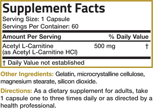 Bronson Acetyl L-Carnitine 500 MG High Potency Amino Acid, Non-GMO, 60 Capsules