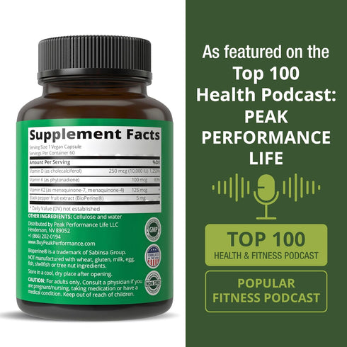 Peak Performance Advanced Vitamin D 10000 IU with All 3 Types of Vitamin K Capsules, 60 Easy to Swallow Pills