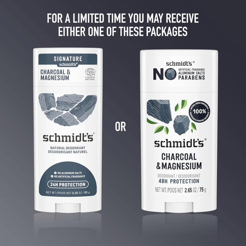 Schmidt's Aluminum-Free Vegan Deodorant Charcoal & Magnesium, 2.65 oz, Natural Ingredients