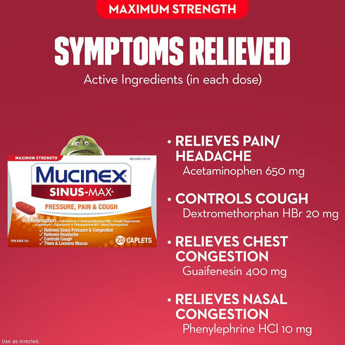 Mucinex Maximum Strength Sinus-Max Caplets - 20 ct for Minor Aches, Pains, Headache & Congestion Relief