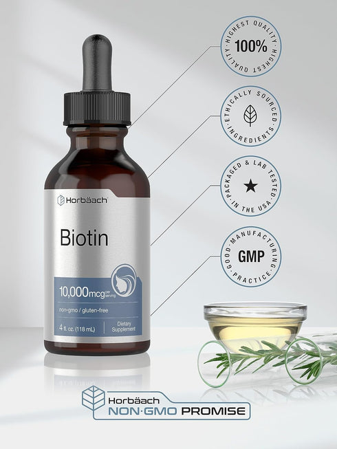 Horbaach Biotin Liquid Drops 10000mcg | 4 fl oz | Vegetarian, Non-GMO & Gluten Free Supplement