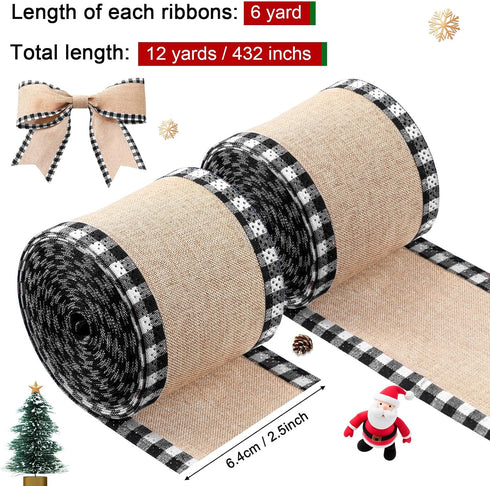 2 Rolls Christmas Buffalo Plaid Wired Edge Ribbons, 216 Inch Craft Wrapping Ribbon, Black and White