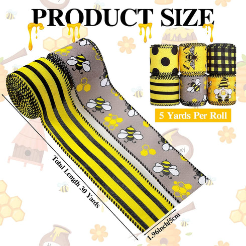 6 Rolls 20 Yards Bee Ribbon Dot Wired Edge Ribbon Yellow Black Dots Plaid Strip Ribbon Summer Fabric Craft Decorative Ribbon for DIY Gift Wrapping Party Decor Hair Bow Sewing by Yingzhao