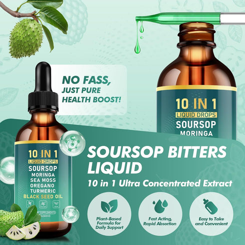Royavita Immune 2 Oz Soursop Bitters Liquid Drops, Bitter Herbs with Soursop Extract, Ashwagandha, Sea Moss & Black
