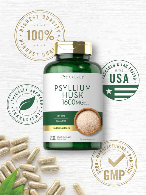 Carlyle Psyllium Husk Capsules | 1600mg | 200 Count | High Potency Fiber Supplement, Non-GMO, Gluten Free