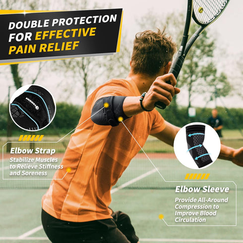 CAMBIVO Elbow Brace Set - 2Pcs Elbow Sleeves & 1Pcs Tennis Elbow Brace for Pain Relief, Adjustable Strap for Men and