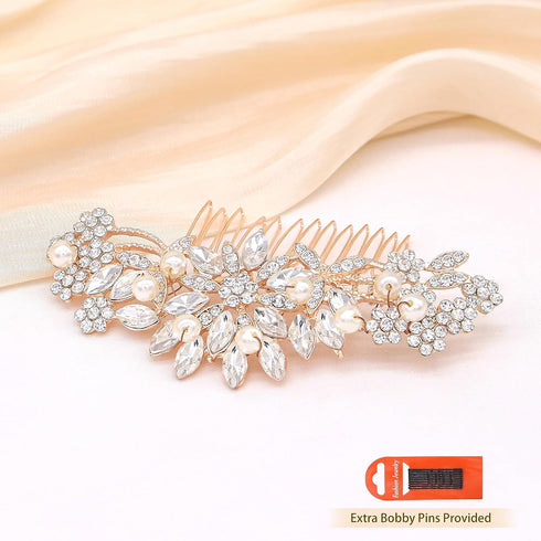 Rose Gold Wedding Hair Comb with Pearls and Crystals, Bridal Headpiece for Parties (Rose Gold)