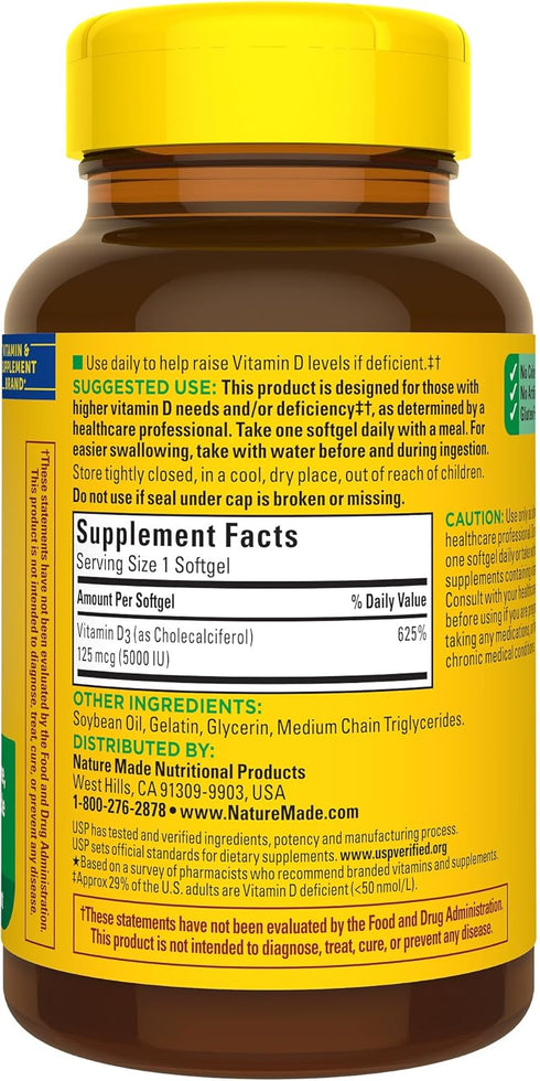 Nature Made Vitamin D3 5000 IU - Extra Strength Softgels for Bone and Immune Health Support, 360 Count