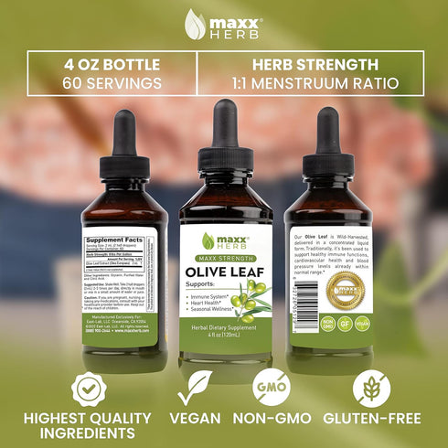 Immune 4 Oz (60 Maxx Herb Olive Leaf Extract Max Strength Oleuropein Liquid Absorbs Better Than Capsules or Tea