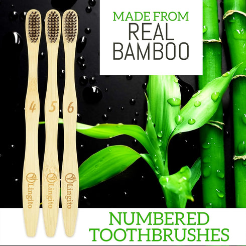 Lingito 6-Pack Natural Charcoal Bamboo Toothbrushes, BPA Free Soft Bristles, Eco Friendly & Vegan