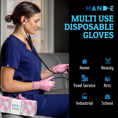 Hand-E Touch Pink Nitrile Disposable Gloves for Esthetician, Nail Tech, Hair Dye, Stylist, Cleaning