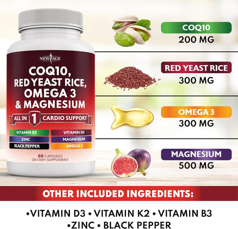 COQ10 200mg Red Yeast Rice 3000mg - Omega 3-6-9 3000mg, Magnesium Complex 500mg, Niacin, Zinc, Vitamin K2 D3 - Heart