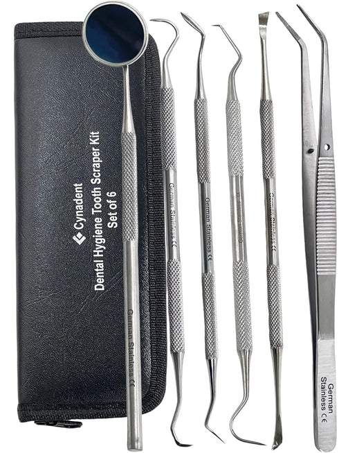 Premium Dental Tools, Professional Hygiene Cleaning Kit, Stainless Tooth Scraper, Plaque Remover, Set of 6 with CASE