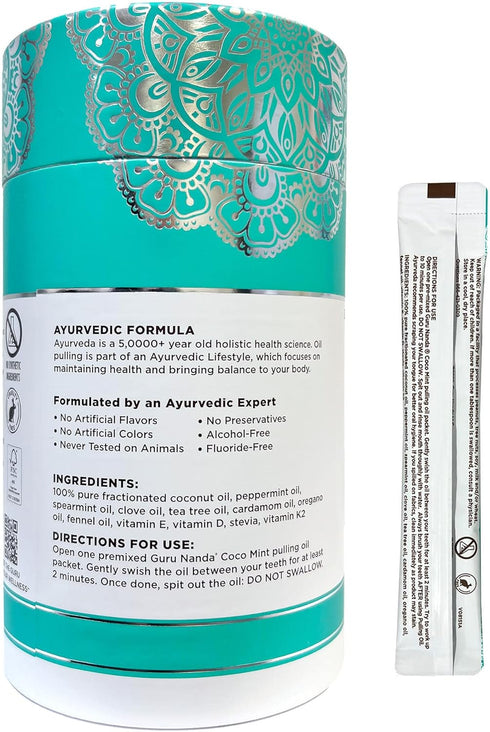 GuruNanda Travel Sachets Coconut Oil Pulling, 28 Pack of Essential Oils & Vitamins for Fresh Breath & Whitening