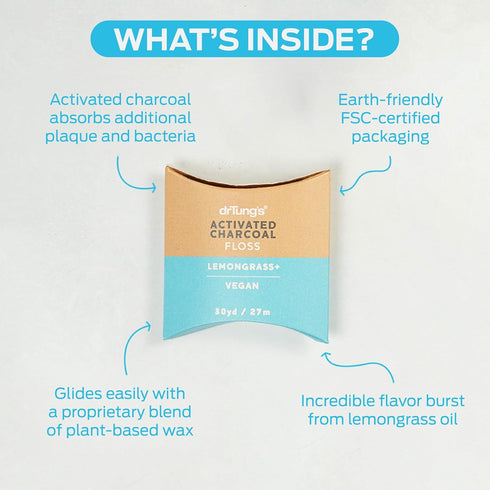 DrTung's Vegan Activated Charcoal Floss - Natural Floss, PTFE & PFAS Free, Gentle on Gums, Expands & Stretches, BPA