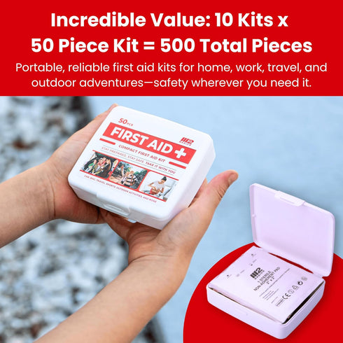 M2 Pack, 10 Pack, 50 500 BASICS Mini First Aid Kit Bulk Multi per Kit, Total Pieces for Car, Travel, Home & Donations