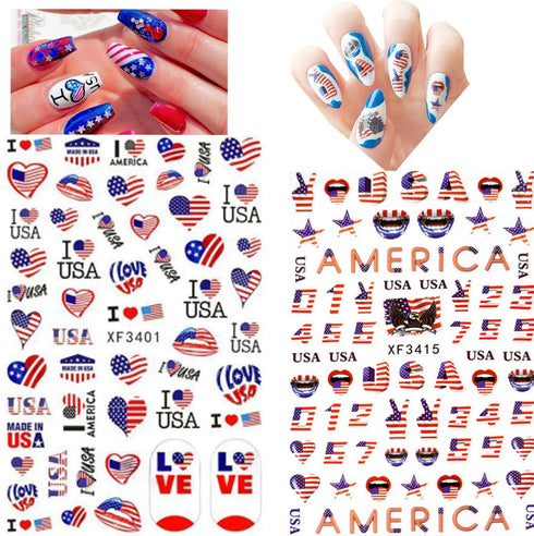 4th of July Nail Art Stickers, American Independence Day Design with Lips Flag Hearts Flame Shape for Women Girls
