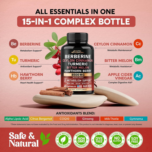 Berberine with Ceylon Cinnamon 10000 mg - 15-in-1 Supplement for Heart Support, Metabolism & Energy, 60 Capsules