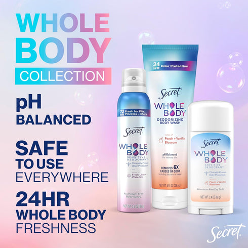 Secret 72 2.4 oz 3.5 oz (Pack 2) Whole Body Deodorant for Women, Stick + Spray Bundle, Peach + Vanilla Blossom Scent