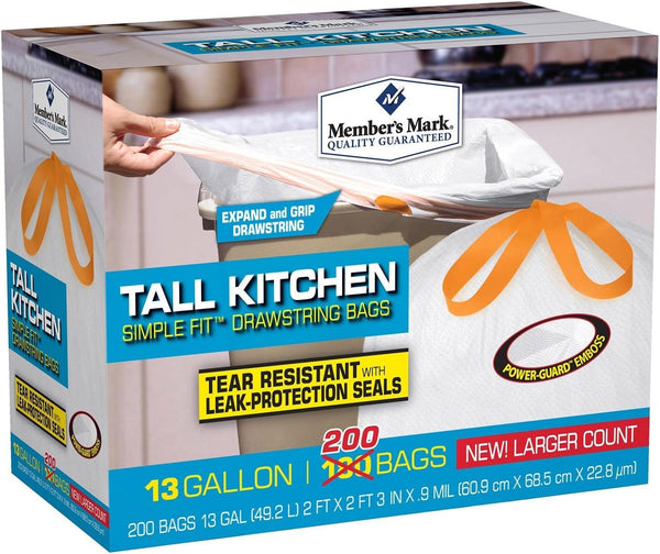 MEMBERS MARK Member's Mark Tall Kitchen Simple Fit Drawstring Bags, 13 Gallon, 200 Count