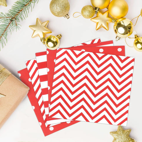 Disposable 2-ply Party Napkins, Striped Chevron Polka Dot Paper Napkins for Birthday, 60-Count, 13" x 13" Red