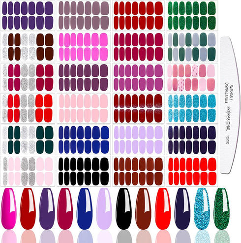 JERCLITY 24 Sheets Glitter Solid Color Nail Polish Strips, Self-Adhesive Nail Stickers for Women
