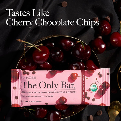Truvani Plant Based Snack Bar - Cherry Chocolate Chip 4 Pack, 5g Protein, USDA Organic, Vegan, Gluten Free