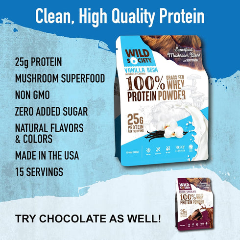 WILD SOCIETY Premium 100% Grass Fed Whey Protein Powder, Vanilla Bean, 25g Protein, 17.5 oz