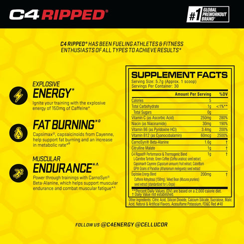 Cellucor C4 Ripped Pre Workout Powder, Cherry Lemonade, 30 Servings, Sugar Free Energy Supplement