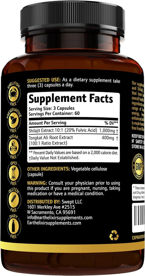 Shilajit 1000mg & Tongkat Ali 400mg (180 capsules) Made in USA-Shilajit Supplement (20% Fulvic Acid) Shilajit Pure Himalayan Organic & Tongkat Ali for Men More Potent than Shilajit Resin