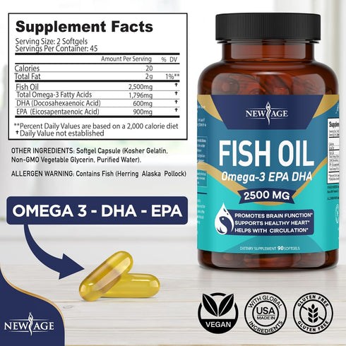 NEW AGE Omega 3 Fish Oil 2500mg Supplement Immune & Helath Support – Promotes Joint, Eye & Skin Health - Non GMO - EPA, DHA Fatty Acids Gluten Free (90 Softgels (Pack of 1))