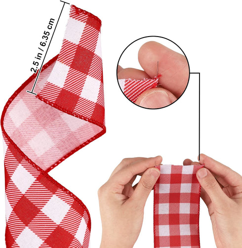 Whaline 2 Rolls Wired Edge Plaids Ribbon Buffalo Check Ribbon Red White Plaids Ribbon 2.5 Inch Farmhouse Craft Ribbon for DIY Gift Wrapping Wreath Christmas Tree Bow Decoration, 10 Yards by Whaline