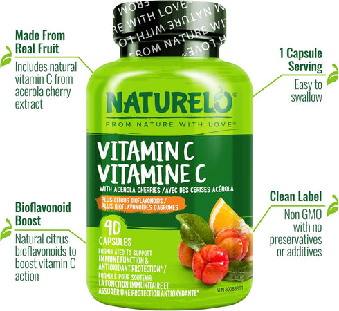 NATURELO Vitamin C Vegan Supplement with Organic Acerola Cherry Extract, 500 mg VIT C per Cap, 90 Capsules