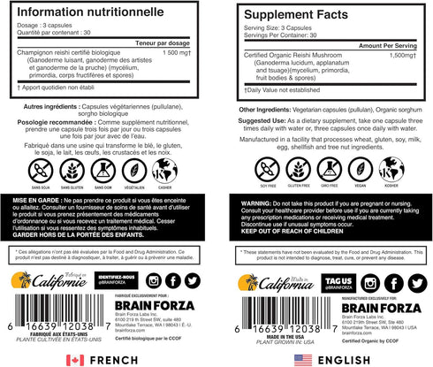 Brain Forza Organic Red Reishi Mushroom Capsules, 90 Capsules for Immune Support & Wellness