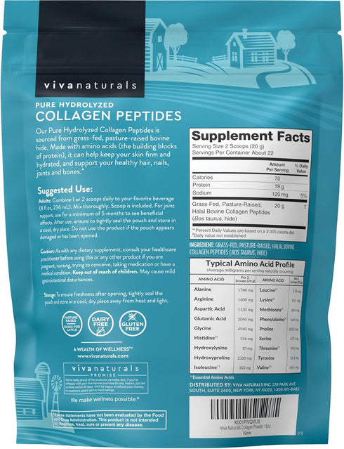 Viva Naturals Hydrolyzed Collagen Peptides Powder, 1 lb Unflavored Bovine Collagen for Women, Type I & III, Grass-Fed
