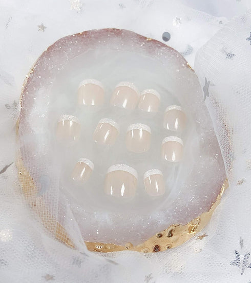 MISUD French Fake Nails 24pcs Classic Natural Pre-Glued Short Square Shape with Shiny Edge