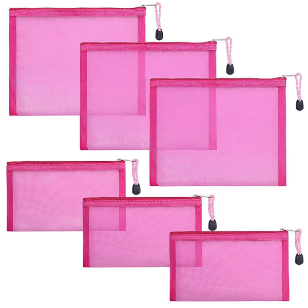 6 Pack Nylon Mesh Cosmetic Bags, Zipper Makeup Pouches for Home Office Purse Diaper Bag (Rose)
