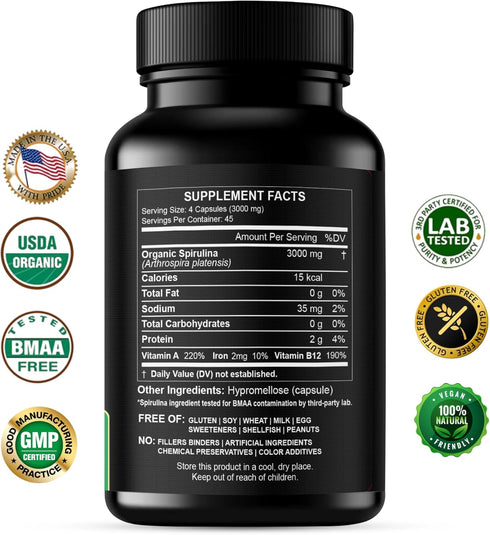 Organic Spirulina Powder Capsules 3000 mg - Pure Non-Irradiated Blue Green Algae, 180 Pills Made in The USA