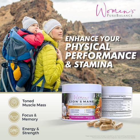 Immune (120 Women's PureBalance Lion's Mane Mushroom Supplement Capsules with Reishi, Cordyceps, Turkey Tail Brain