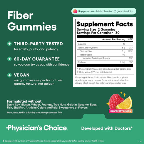 Gummies Gummy 60CT Physicians Choice Fiber for Digestive Health & Regularity - Raspberry Lemon Flavor - No Sugar Added