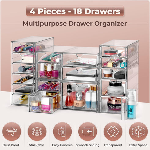 Sorbus Makeup Organizer with 18 Drawers, Acrylic Drawer Organizer for Makeup, Office, Art Supplies, Jewelry Storage