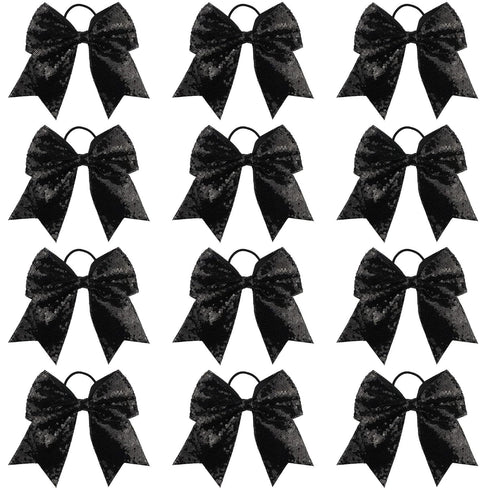 Sequin Black Cheer Bows, Caenagrion 12 PCS 7" Large Handmade Ponytail Holder for Cheerleaders
