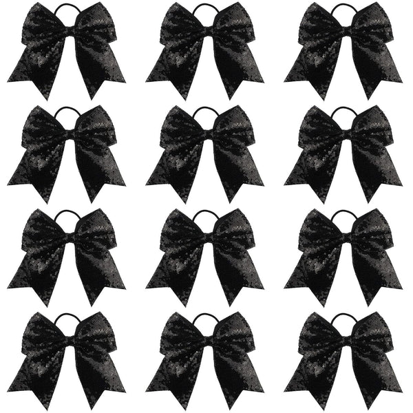 Sequin Black Cheer Bows, Caenagrion 12 PCS 7" Large Handmade Ponytail Holder for Cheerleaders