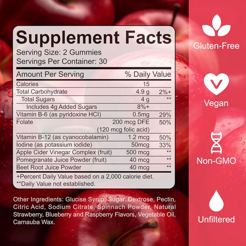 YESMIX Gummies B12 Gummies 60 Count Apple Cider Vinegar - with Vitamin - Non-GMO - Gluten-Free - Apple Flavor
