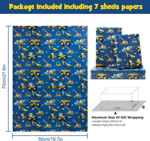 NEPOG 7 20x28 inches Road Under Construction Excavator Tractor Dump Truck Wrapping Paper for Kids Boys, Birthday