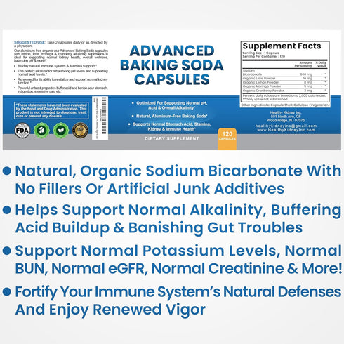 Immune, Advanced Baking Soda Capsules: Organic Use Aluminum Free Baking Soda w/Superfoods to Support Kidneys, Stomach